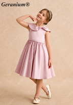 Geranium Elegant Girls' Pink Satin A-Line Party Dress with Oversized Bow Collar - Perfect for Flower Girls & Birthdays KD-222