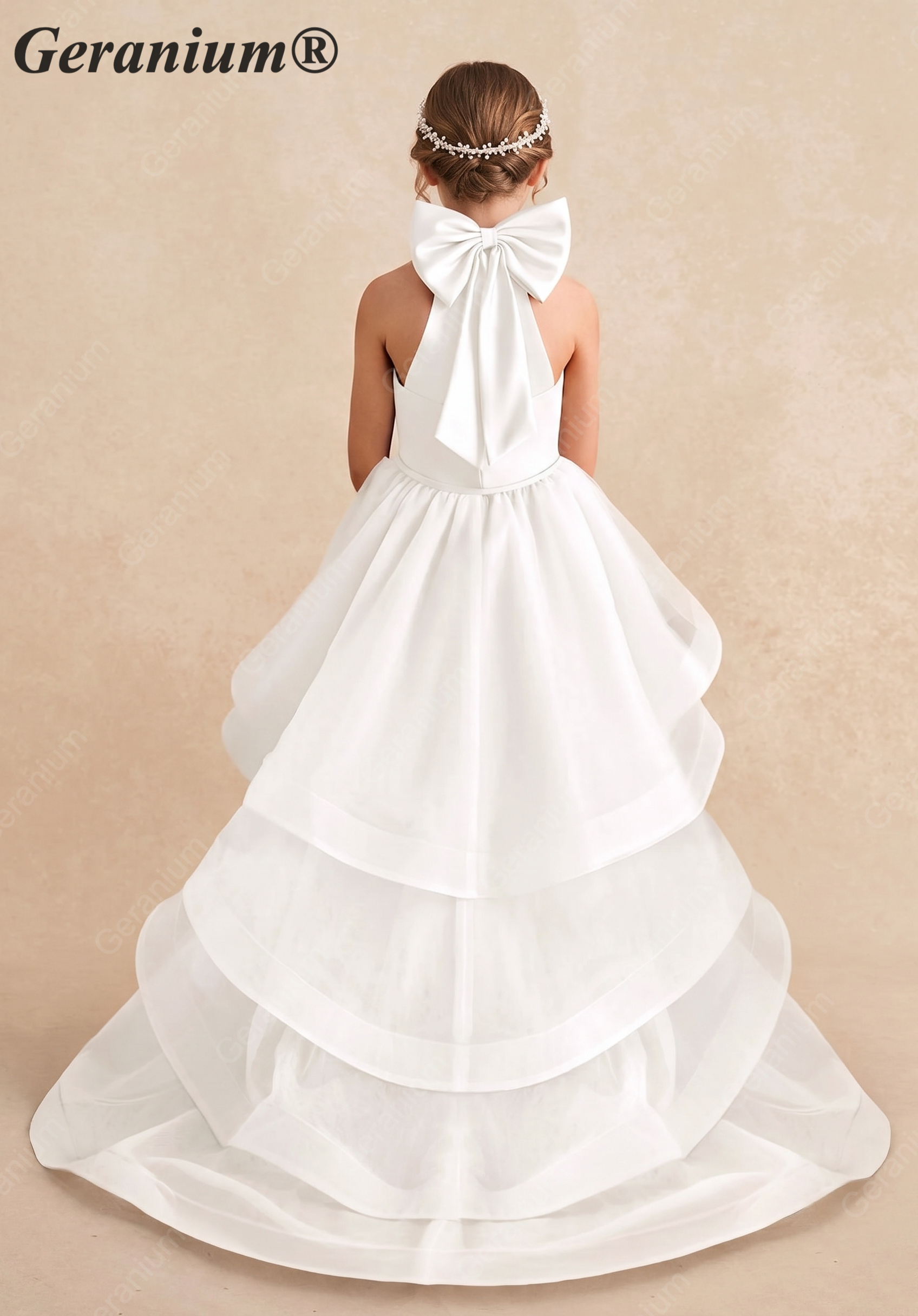 Geranium White Halter Satin & Tiered Tulle Flower Girl Dress with Oversized Bow – KD-193 Image secondaire du produit