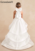 Geranium Elegant Halter Neck Satin Flower Girl Dress with Statement Back Bow & Tiered Tulle Skirt KD-193