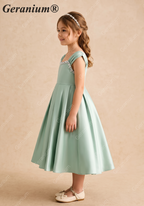 Geranium Elegant Pearl-Beaded Sage Green Satin Flower Girl Dress - Pleated A-Line Princess Party Gown for Kids KD-211