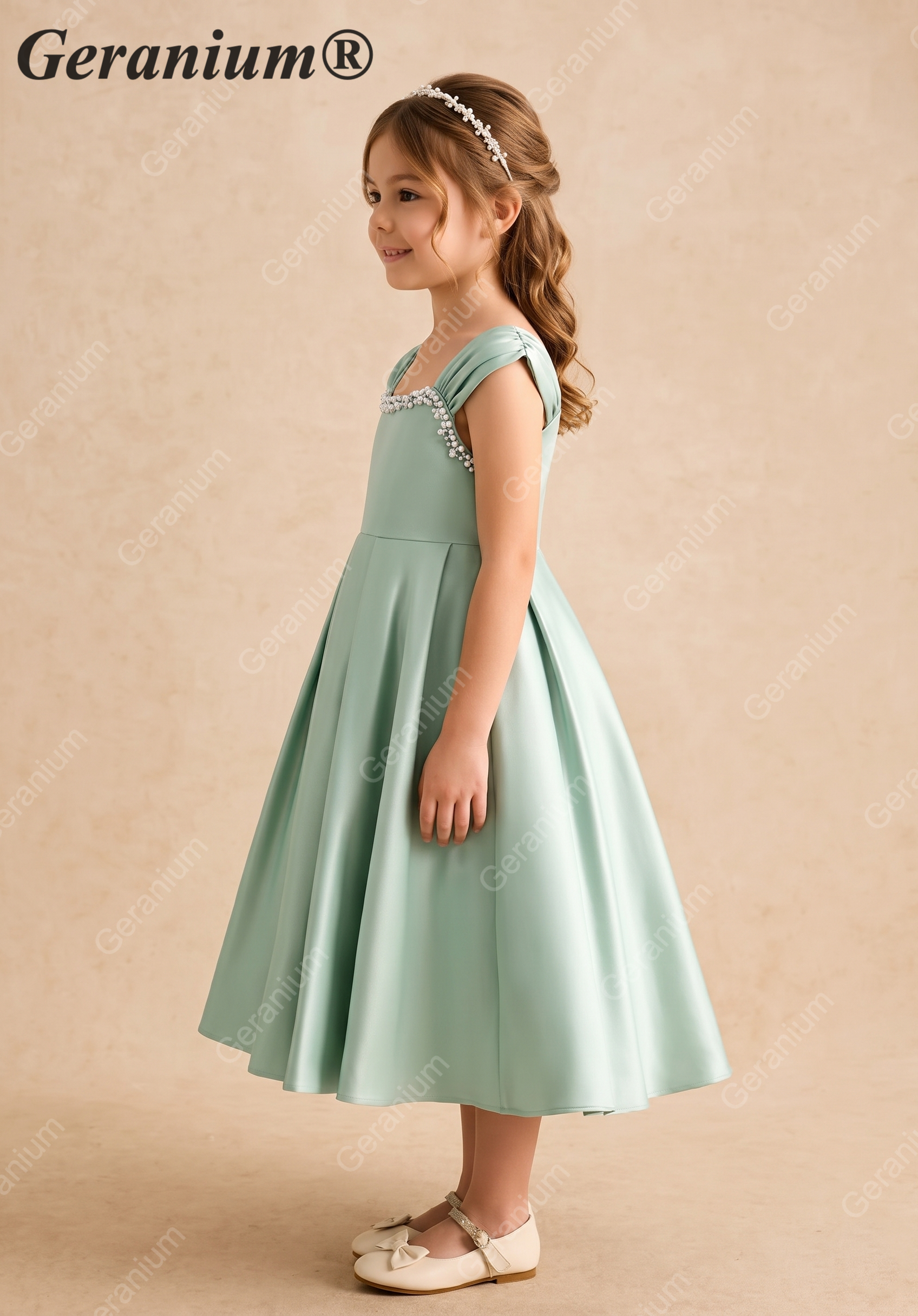 Geranium Elegant Pearl-Beaded Sage Green Satin Flower Girl Dress - Pleated A-Line Princess Party Gown for Kids KD-211