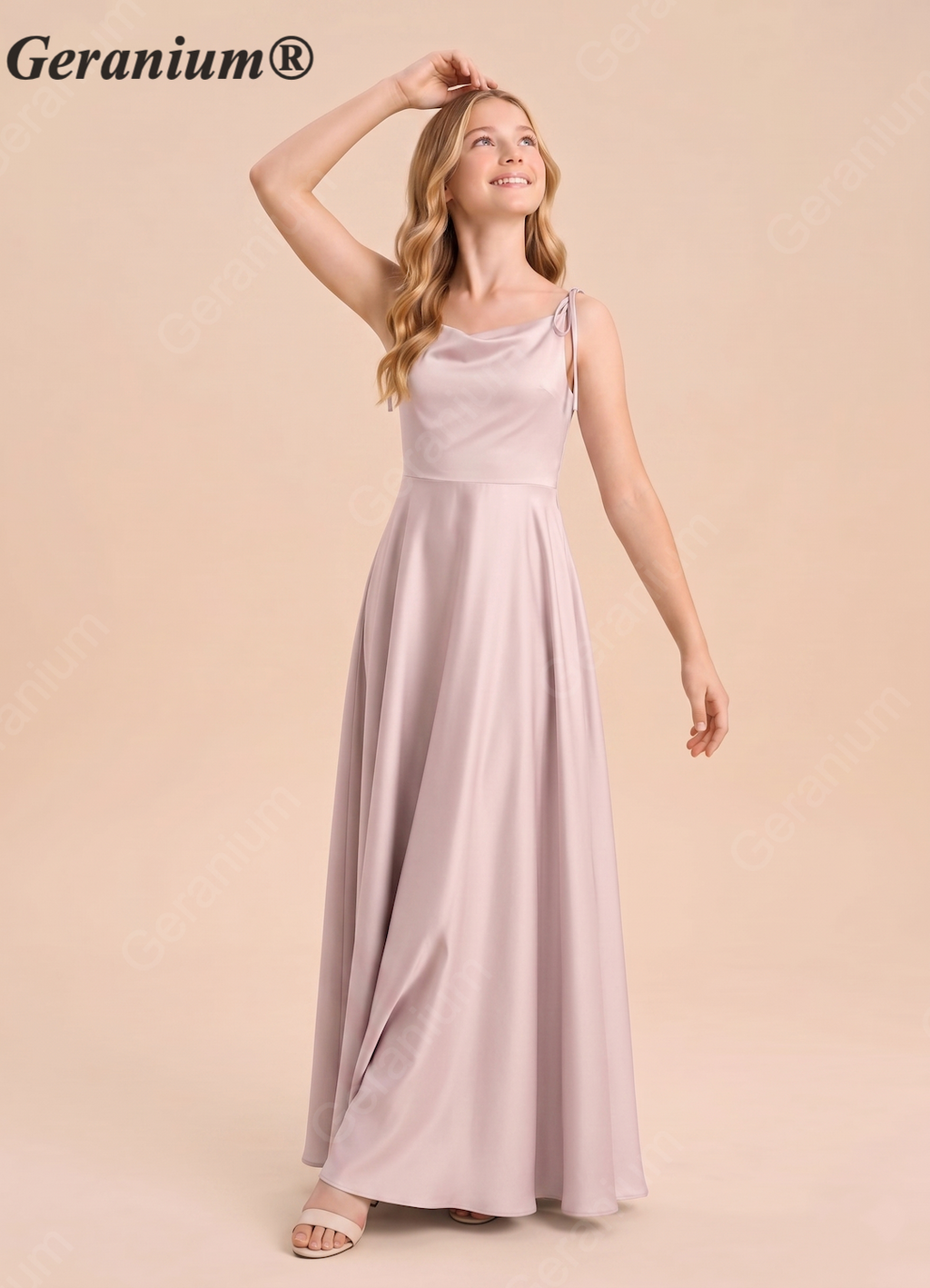 Geranium Elegant Tie-Strap Satin A-Line Junior Bridesmaid Dress in Soft Taupe KD-72