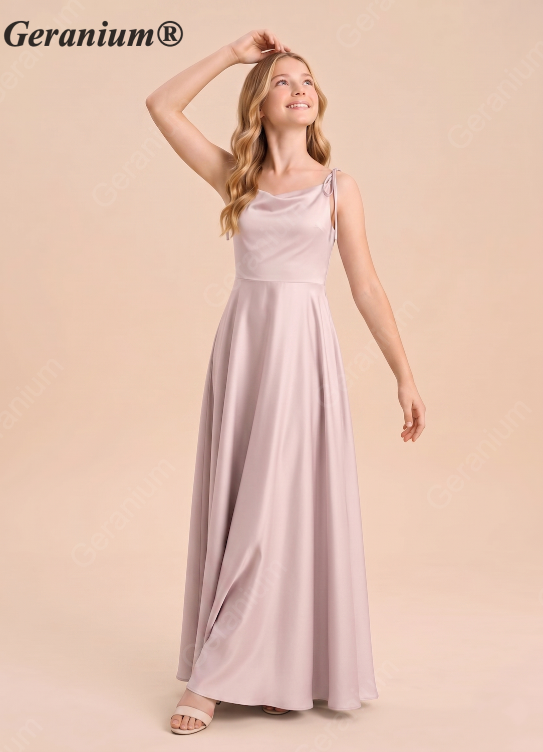 Geranium Elegant Tie-Strap Satin A-Line Junior Bridesmaid Dress in Soft Taupe KD-72