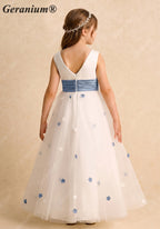 Geranium Elegant White Tulle Flower Girl Dress with Light Blue Ruched Sash and 3D Floral Appliques KD-265