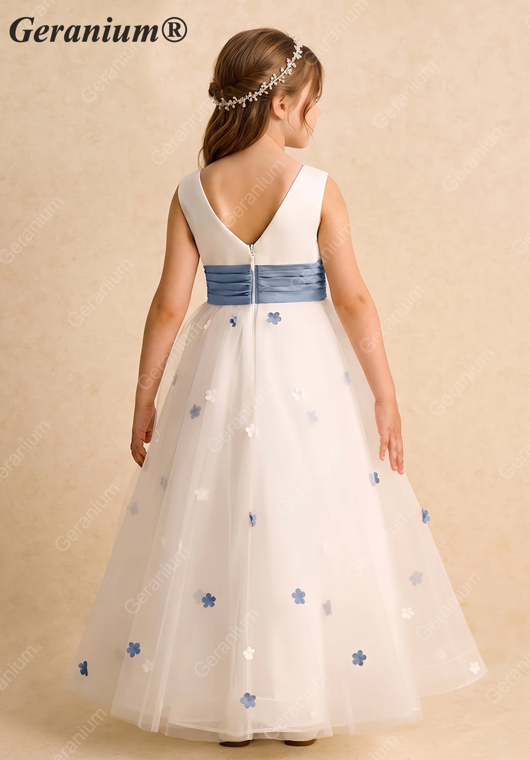 Geranium Elegant White Tulle Flower Girl Dress with Light Blue Ruched Sash and 3D Floral Appliques KD-265