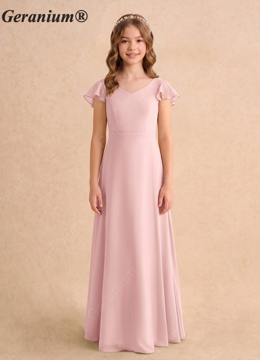 Geranium Elegant Chiffon Flutter Sleeve Junior Bridesmaid Dress with Criss-Cross Back KD-147 Main image