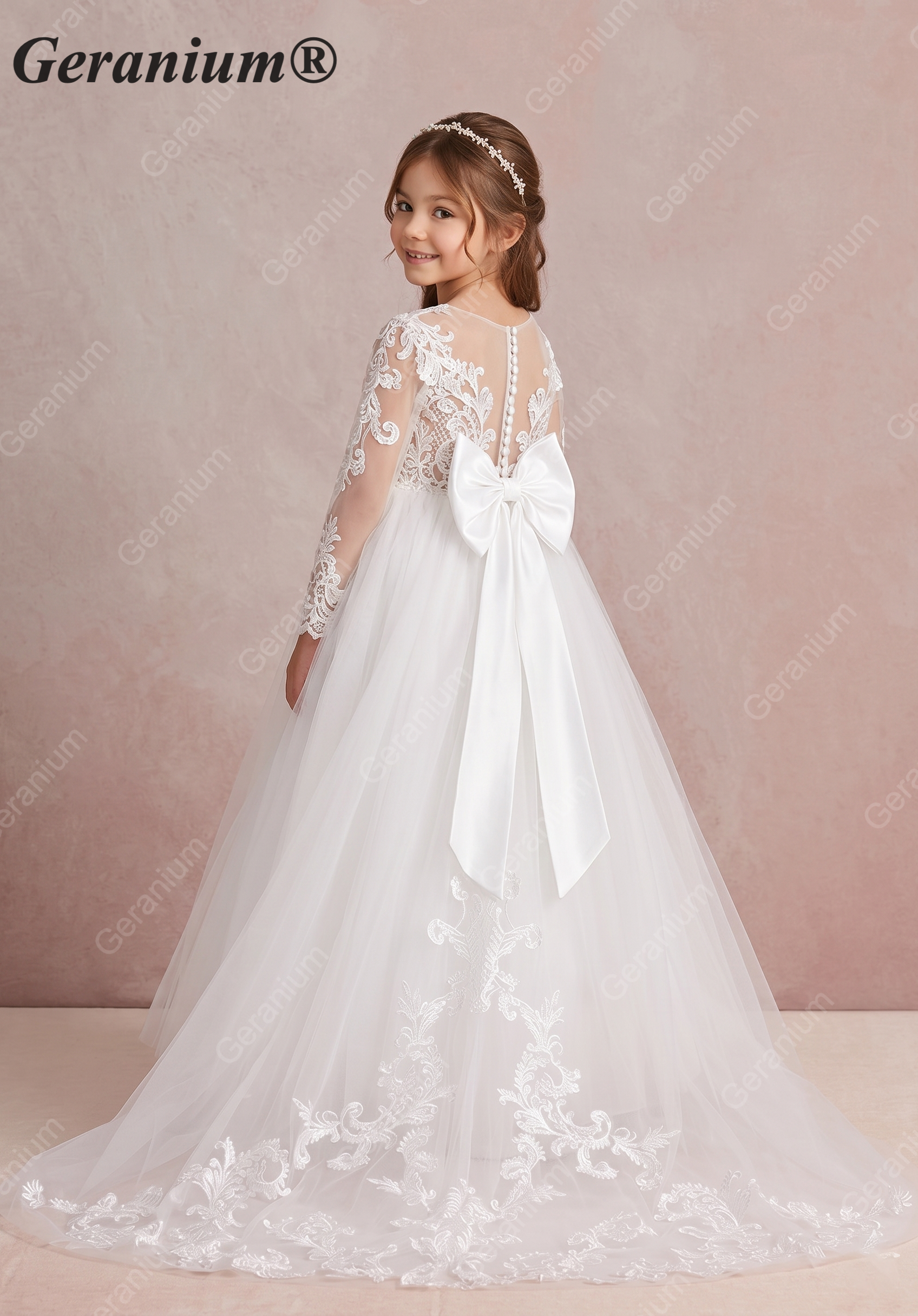 Geranium Elegant Lace Long Sleeve Flower Girl Dress with Oversized Back Bow & Tulle Train KD-208 Secondary image