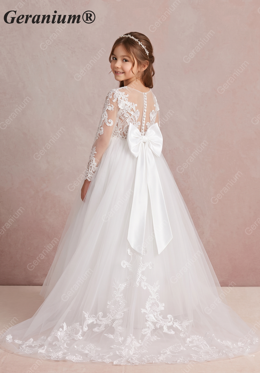 Geranium Elegant Lace Long Sleeve Flower Girl Dress with Oversized Back Bow & Tulle Train KD-208