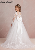 Geranium Elegant Lace Long Sleeve Flower Girl Dress with Oversized Back Bow & Tulle Train KD-208