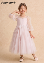 Geranium Girls Pink Pearl Tulle Princess Dress - Backless Party Gown with Oversized Bow & Puff Sleeves KD-293