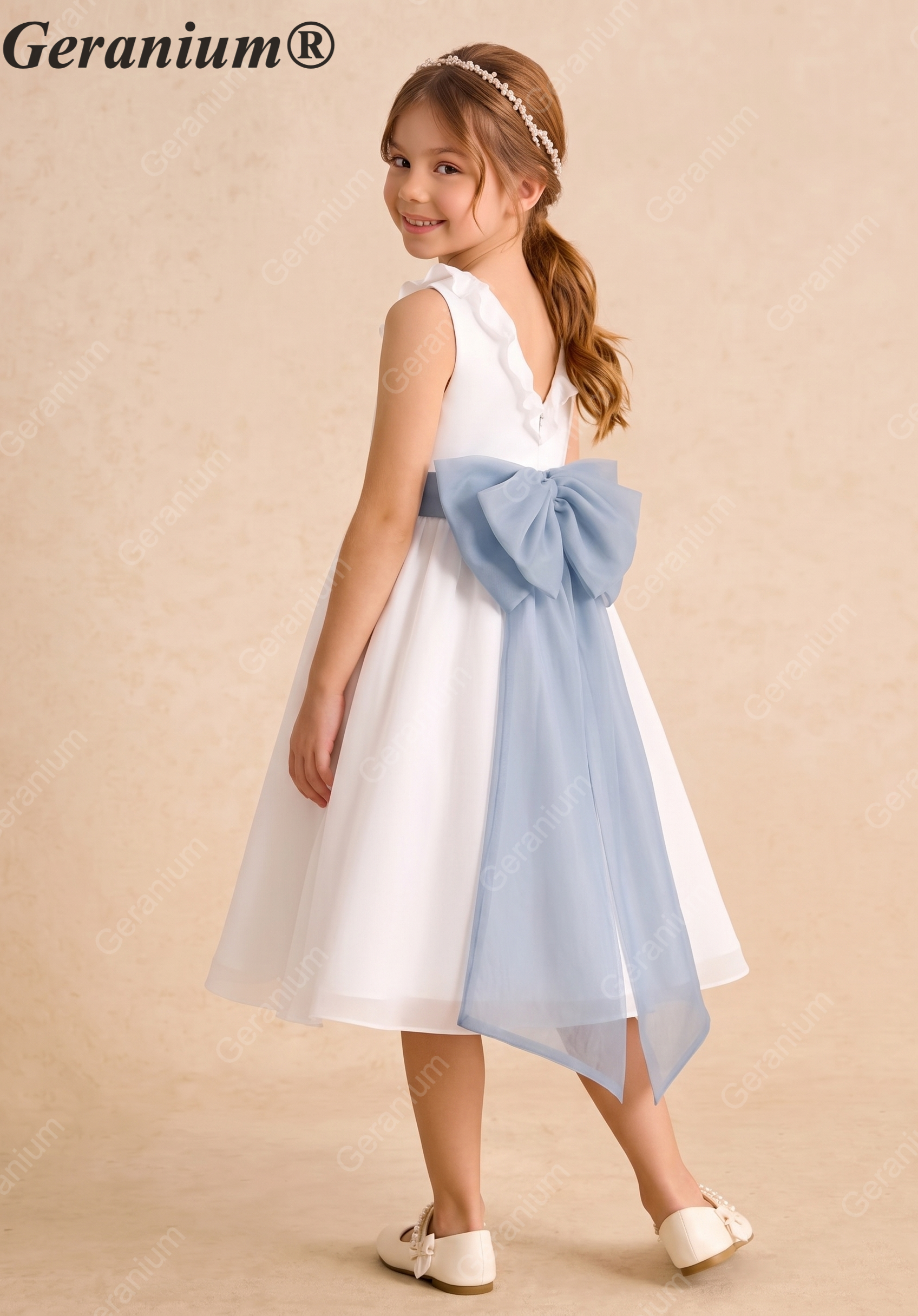 Geranium Elegant White Chiffon Flower Girl Dress with Dusty Blue Detachable Bow Sash & Ruffle Neckline KD-284