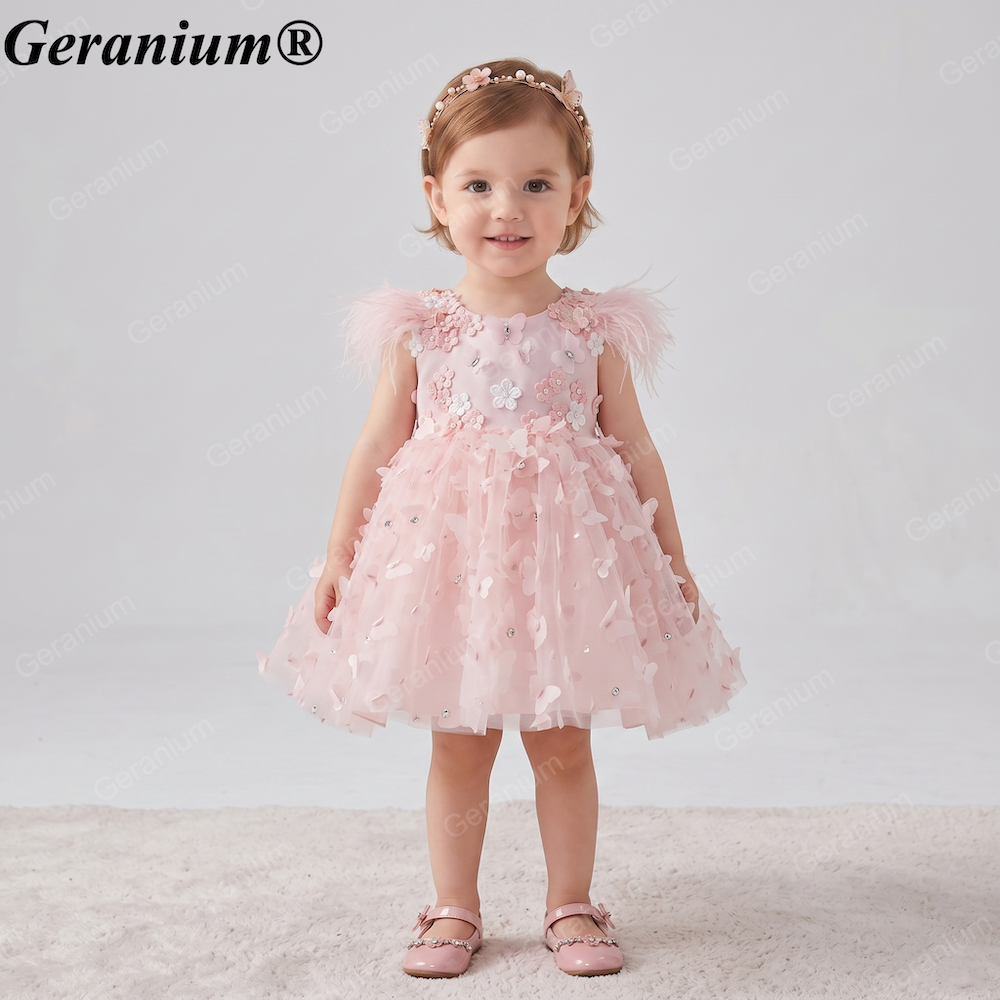 Geranium 3D Butterfly Tulle Toddler Party Dress with Feather Shoulders & Oversized Bow – KD-52 Main image