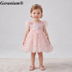 Geranium 3D Butterfly Tulle Toddler Party Dress with Feather Shoulders & Oversized Bow – KD-52