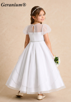 Geranium Elegant Tiered Tulle Flower Girl Dress with Puff Sleeves & Crystal Belt KD-207