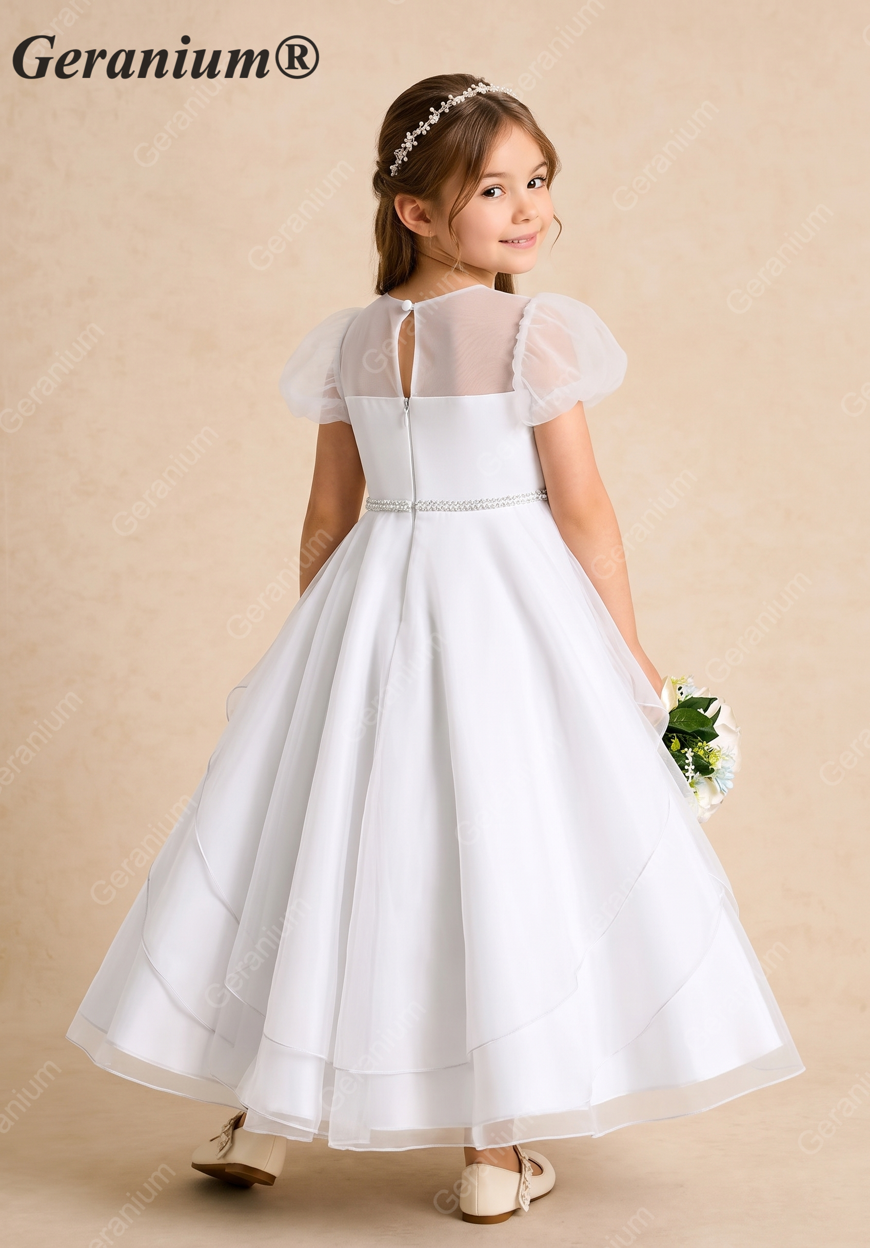 Geranium Elegant Tiered Tulle Flower Girl Dress with Puff Sleeves & Crystal Belt KD-207