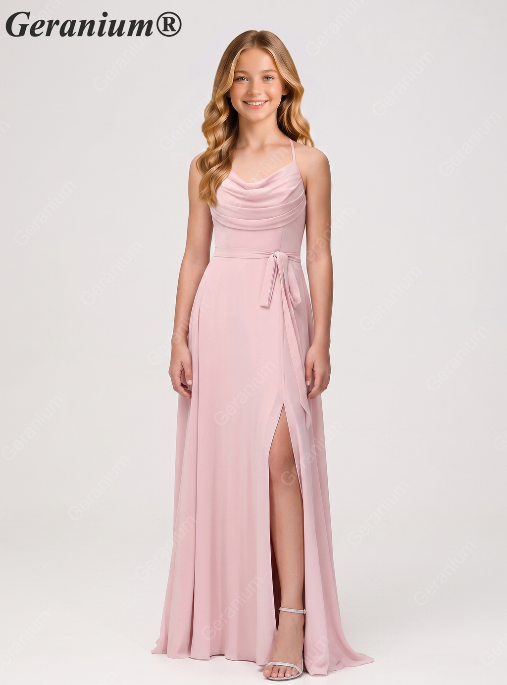 Geranium Elegant Cowl Neck Chiffon Junior Bridesmaid Dress with Side Slit KD-311