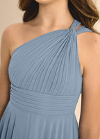 Geranium Dusty Blue One-Shoulder Chiffon Bridesmaid Dress with Pleated Bodice & Flowing A-Line Skirt KD-79