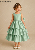 Geranium Girls Mint Green Satin Tiered Ruffle Dress - Oversized Back Bow Flower Girl Gown KD-204