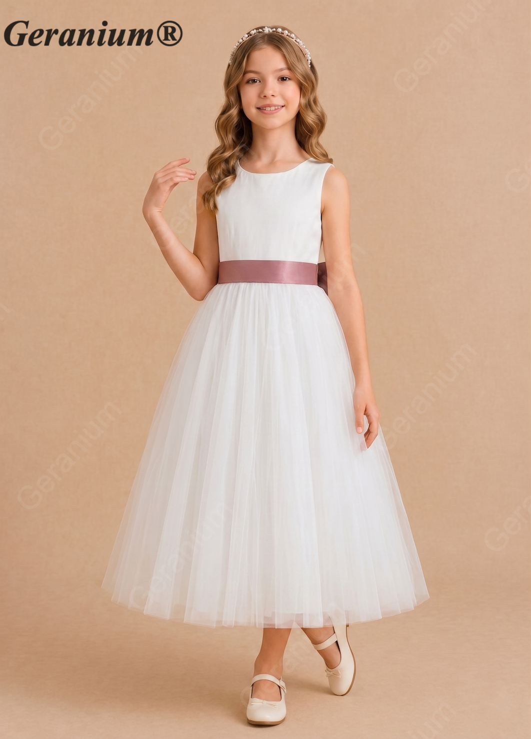 Geranium Elegant White Tulle Flower Girl Dress with Dusty Rose Satin Bow & Pearl V-Back KD-9J Secondary image