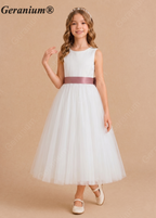 Geranium Elegant White Tulle Flower Girl Dress with Dusty Rose Satin Bow & Pearl V-Back KD-9J