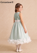 Geranium Elegant Sage Green Satin Flower Girl Dress with Tulle Overlay and Pétal Hem KD-268