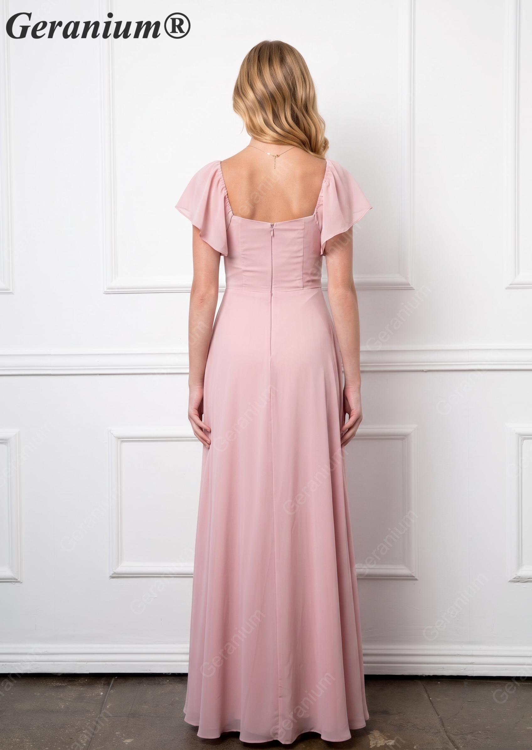 Geranium Elegant Chiffon Square Neck Junior Bridesmaid Dress with Flutter Sleeves & Slit KD-308 Secondary image