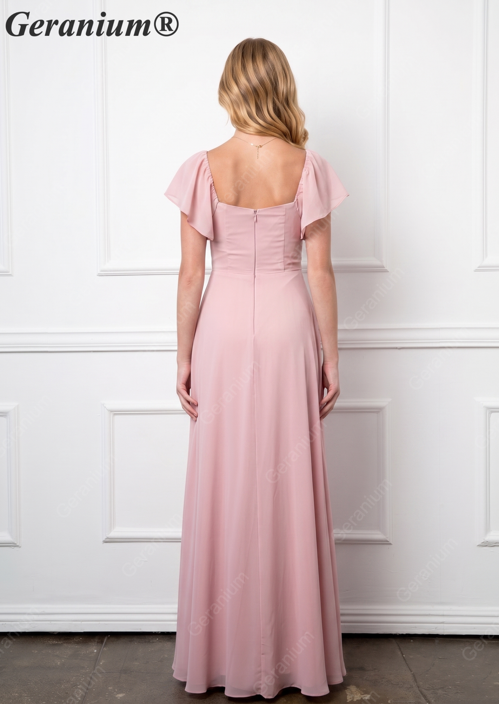 Geranium Elegant Chiffon Square Neck Junior Bridesmaid Dress with Flutter Sleeves & Slit KD-308