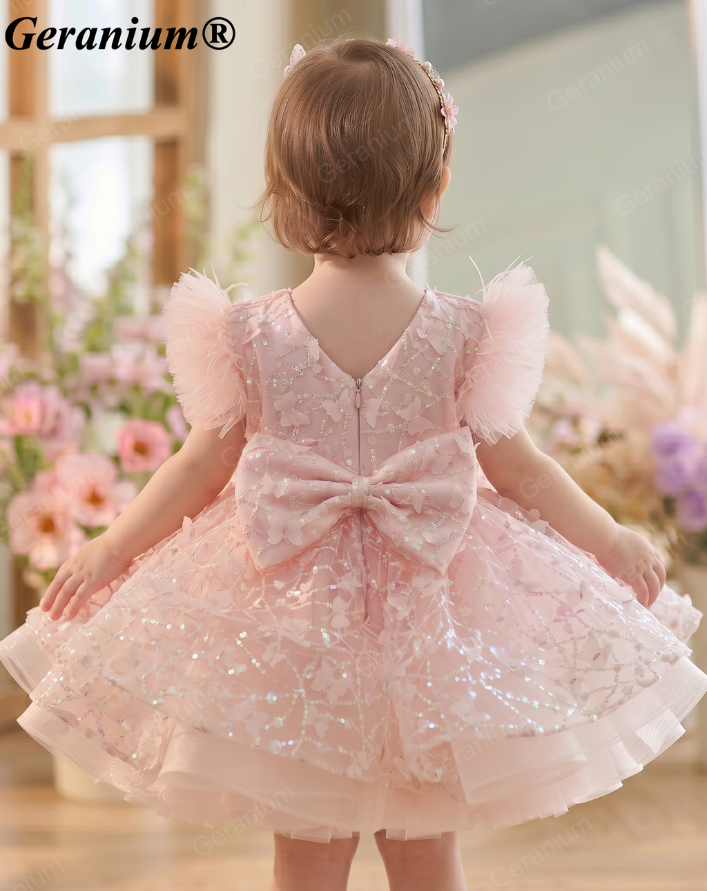 Geranium Sparkling Butterfly Sequined Toddler Formal Dress - Ethereal Feather Sleeve Birthday Gown with Oversized Back Bow KD-362
