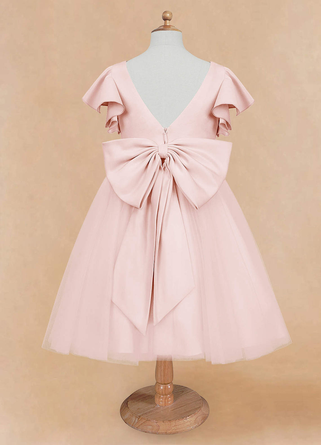 Geranium Girls Pink Ruffle Sleeve Satin Tulle Tutu Dress - Flower Girl Gown with Oversized Bow KD-219
