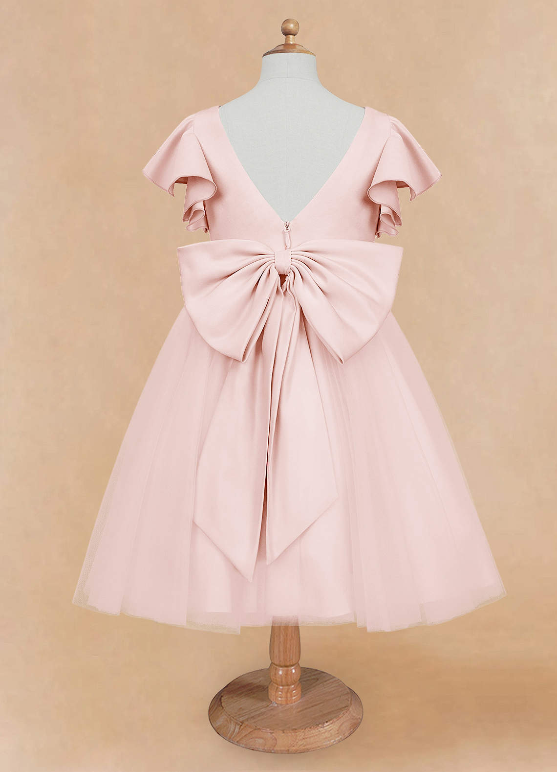 Geranium Girls Pink Ruffle Sleeve Satin Tulle Tutu Dress - Flower Girl Gown with Oversized Bow KD-219
