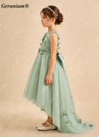 Geranium 3D Floral Applique Sage Green Flower Girl Dress - High-Low Tulle Ball Gown with Satin Bow KD-91