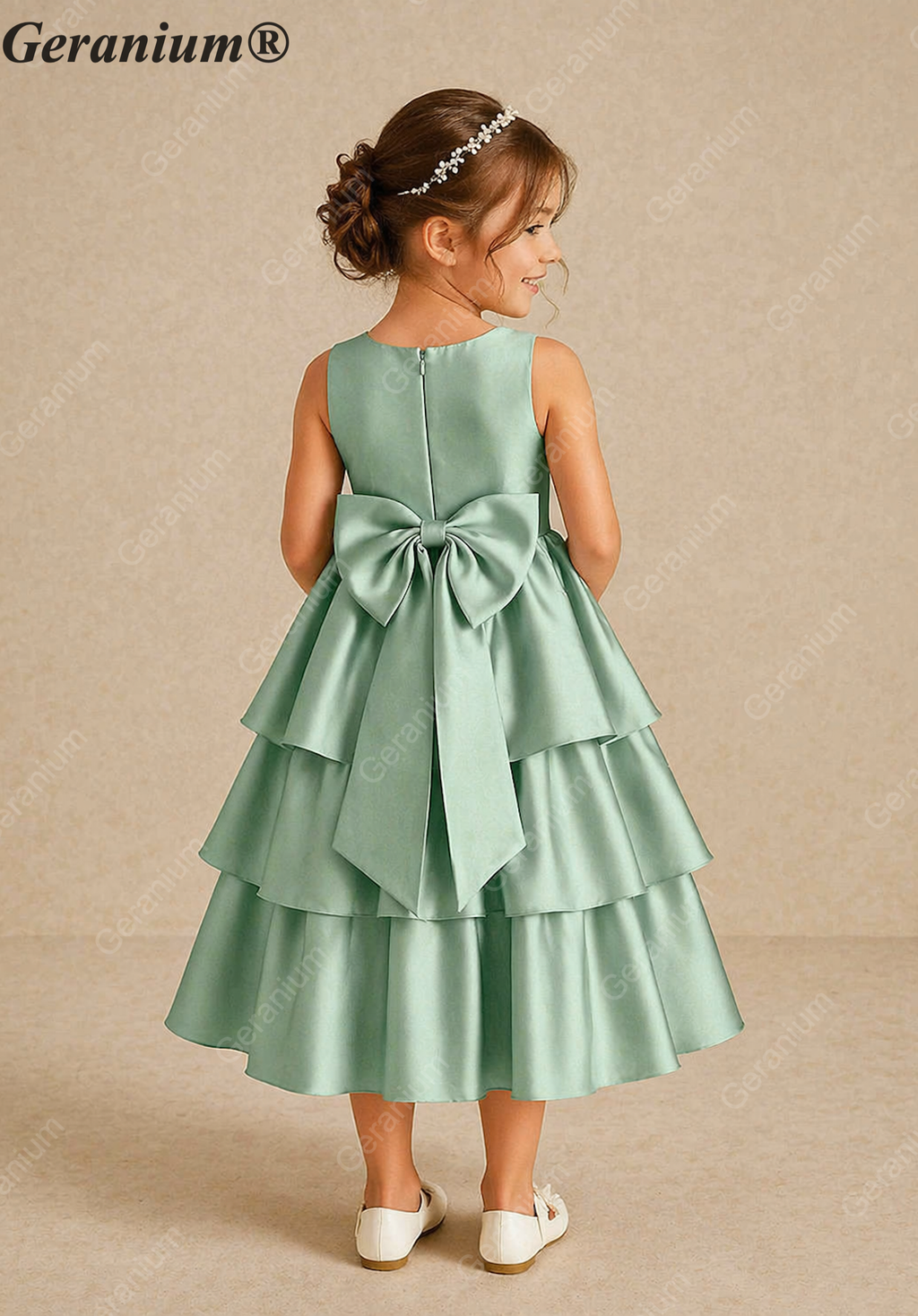 Geranium Girls Mint Green Satin Tiered Ruffle Dress - Oversized Back Bow Flower Girl Gown KD-204