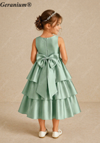Geranium Girls Mint Green Satin Tiered Ruffle Dress - Oversized Back Bow Flower Girl Gown KD-204