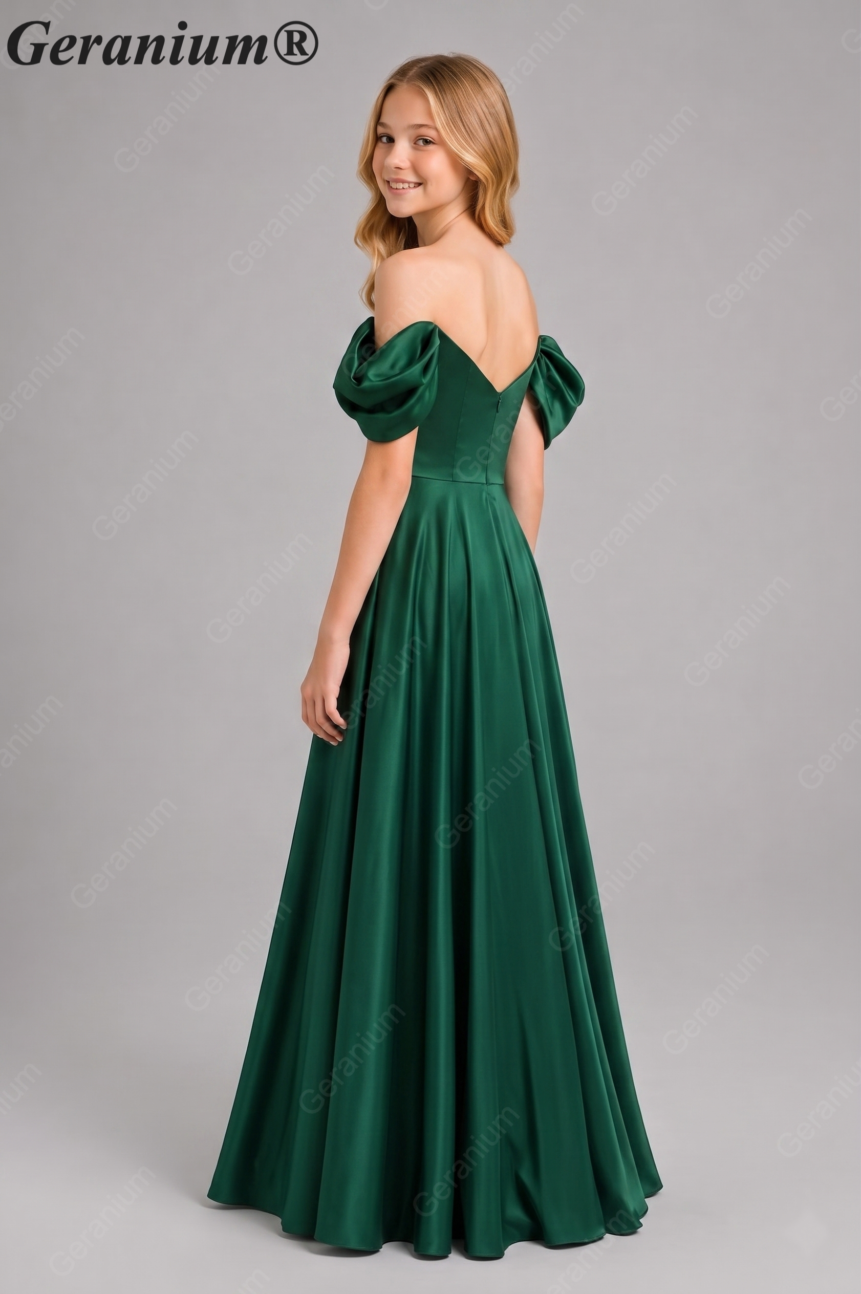 Geranium Off Shoulder Satin Junior Bridesmaid Dress with Pleated Bodice – KD-336 Secondary image