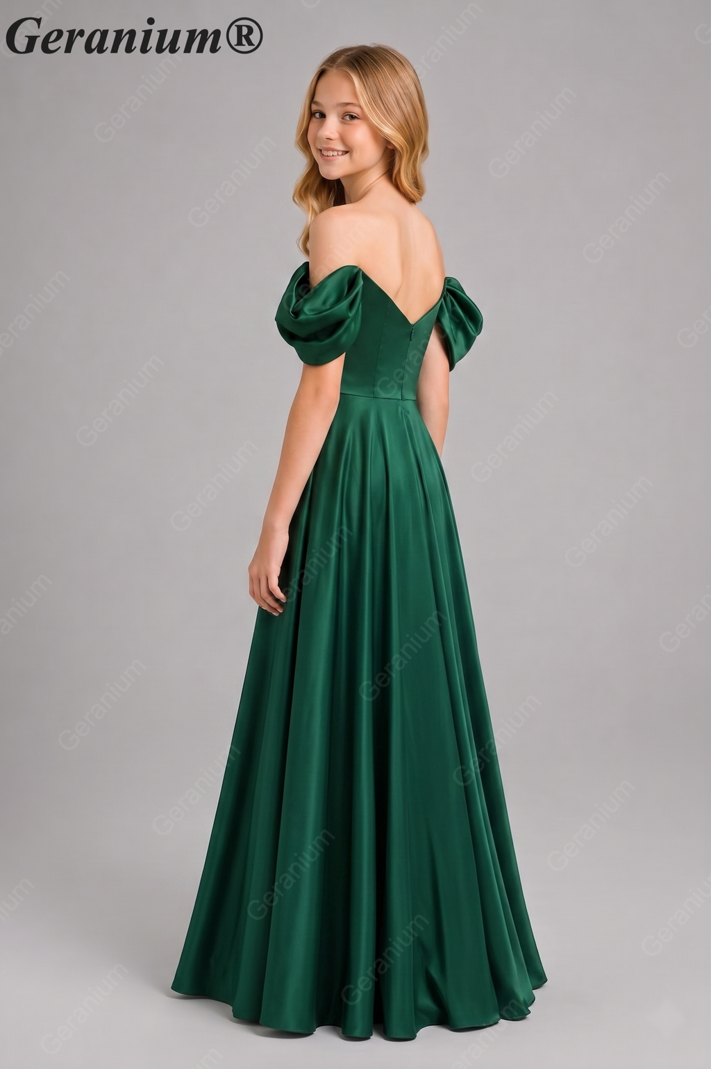 Geranium Elegant Emerald Green Off-The-Shoulder Satin Junior Formal Dress KD-336