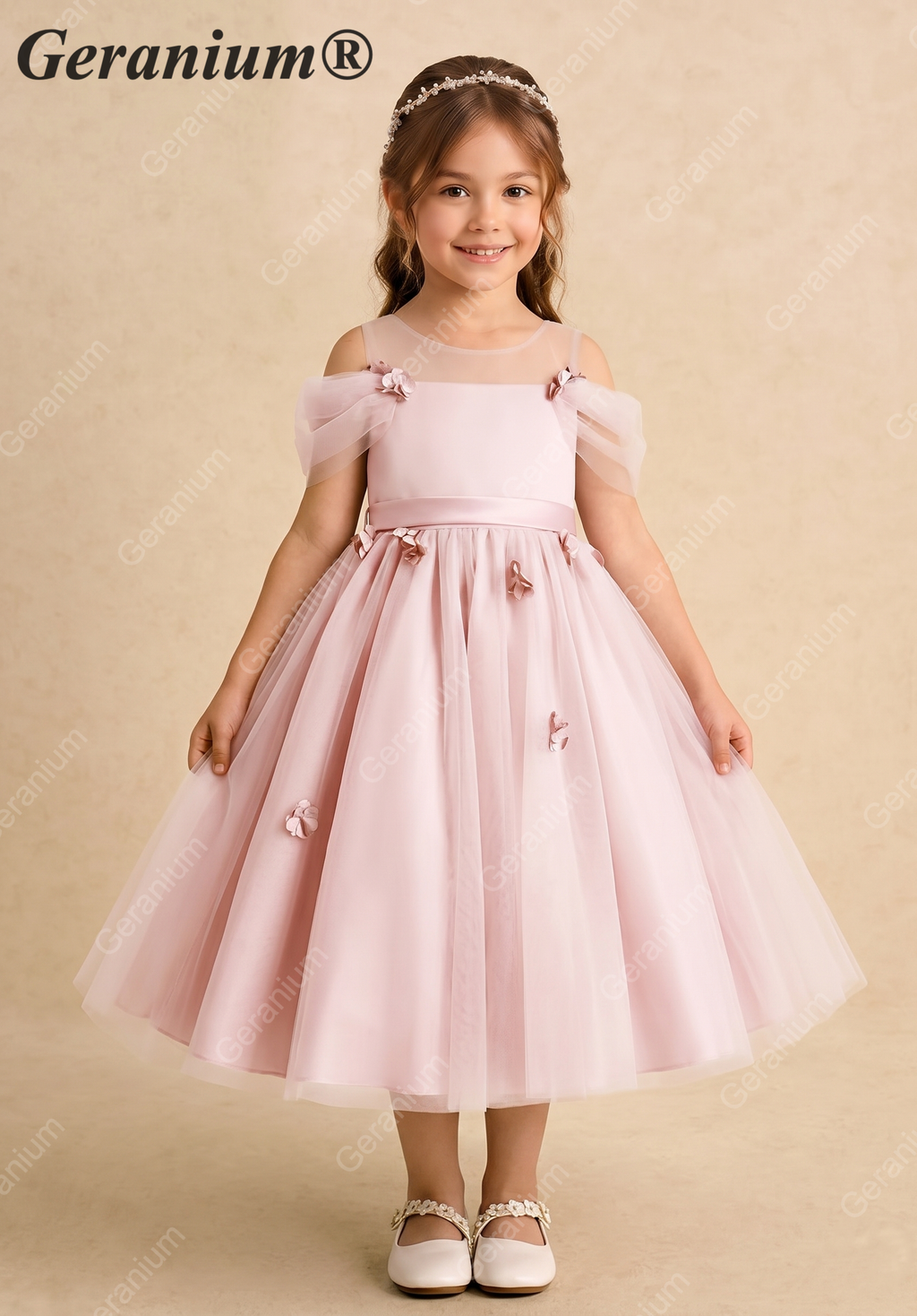 Geranium Enchanting Blush Pink Off-the-Shoulder Flower Girl Dress - Floral Appliqué Tulle Tutu Princess Gown KD-248