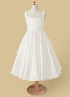 Geranium Elegant Lustrous Satin Flower Girl Dress - Pleated Bodice & Oversized Back Bow A-Line Gown KD-286