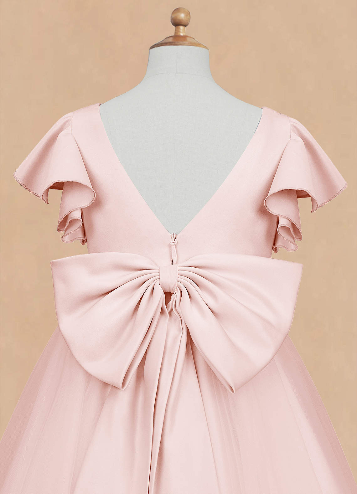 Geranium Girls Pink Ruffle Sleeve Satin Tulle Tutu Dress - Flower Girl Gown with Oversized Bow KD-219