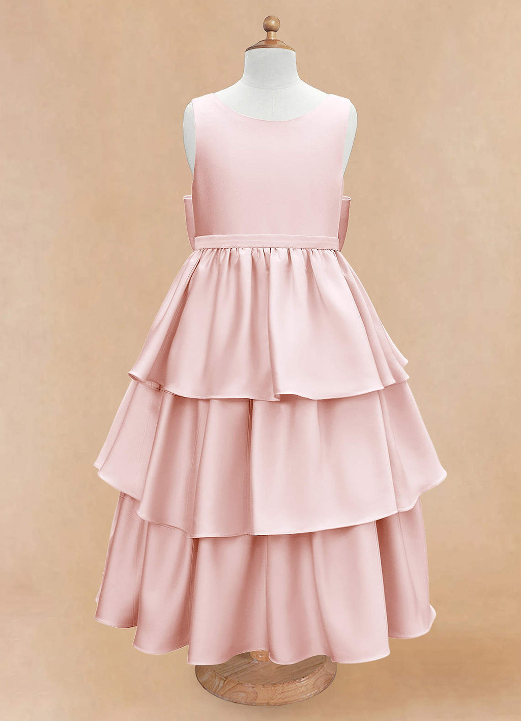 Geranium Elegant Pink Satin Tiered Flower Girl Dress with Oversized Back Bow | Tulle Ruffle Princess Party Gown KD-188
