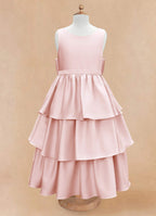 Geranium Elegant Pink Satin Tiered Flower Girl Dress with Oversized Back Bow | Tulle Ruffle Princess Party Gown KD-188