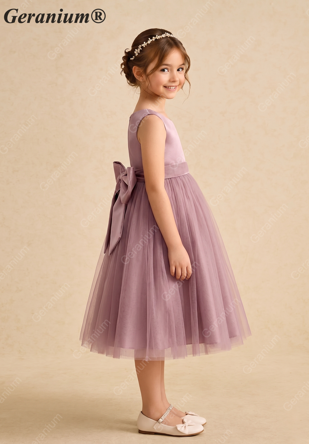 Geranium Elegant Girls' Mauve Satin & Tulle Party Dress with Oversized Detachable Back Bow KD-185