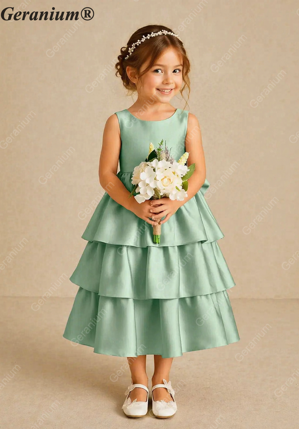 Geranium Girls Mint Green Satin Tiered Ruffle Dress - Oversized Back Bow Flower Girl Gown KD-204