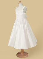 Geranium Elegant Lustrous Satin Flower Girl Dress - Pleated Bodice & Oversized Back Bow A-Line Gown KD-286