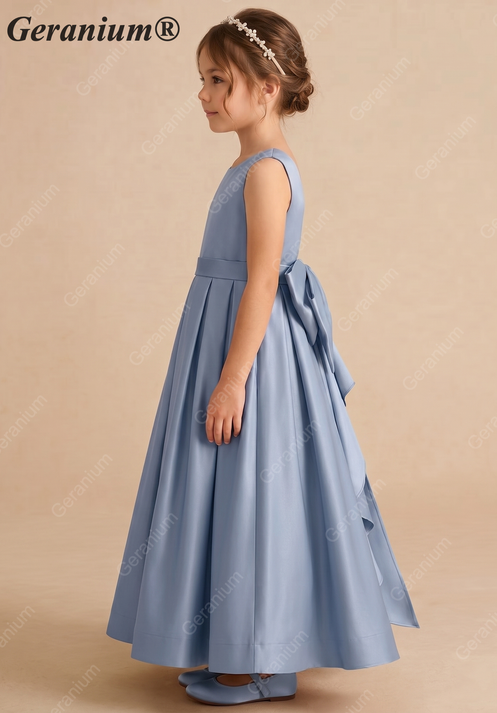 Geranium Elegant Dusty Blue Satin Flower Girl Dress with Oversized Back Bow - Pleated A-Line Junior Bridesmaid Gown KD-270