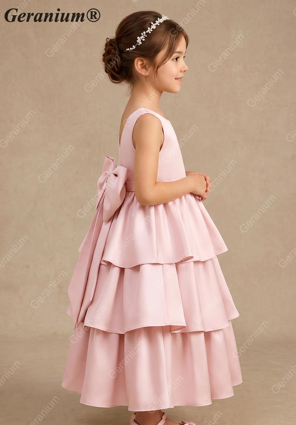 Geranium Elegant Pink Satin Tiered Flower Girl Dress with Oversized Back Bow | Tulle Ruffle Princess Party Gown KD-188