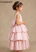 Geranium Elegant Pink Satin Tiered Flower Girl Dress with Oversized Back Bow | Tulle Ruffle Princess Party Gown KD-188