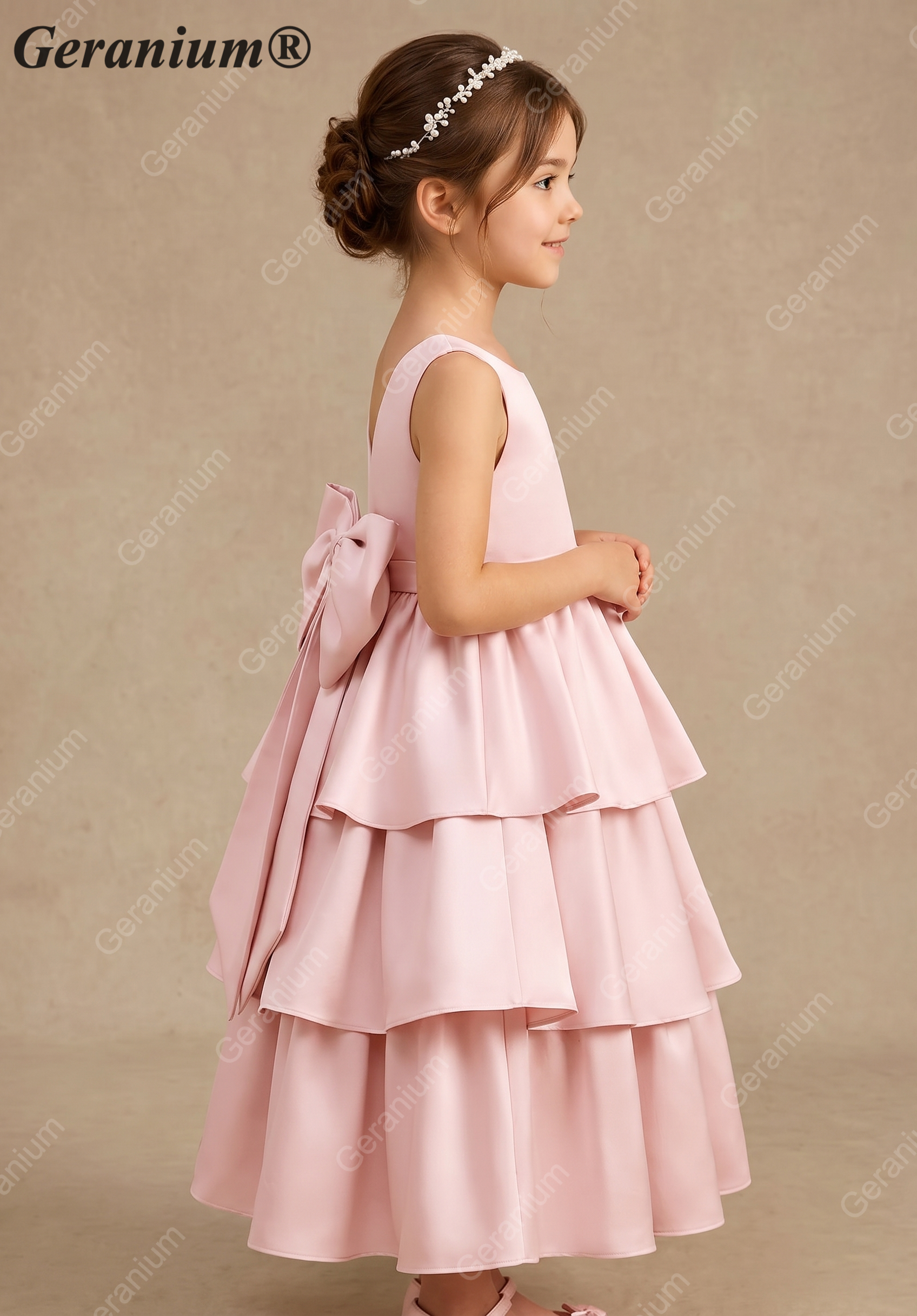 Geranium Elegant Pink Satin Tiered Flower Girl Dress with Oversized Back Bow | Tulle Ruffle Princess Party Gown KD-188