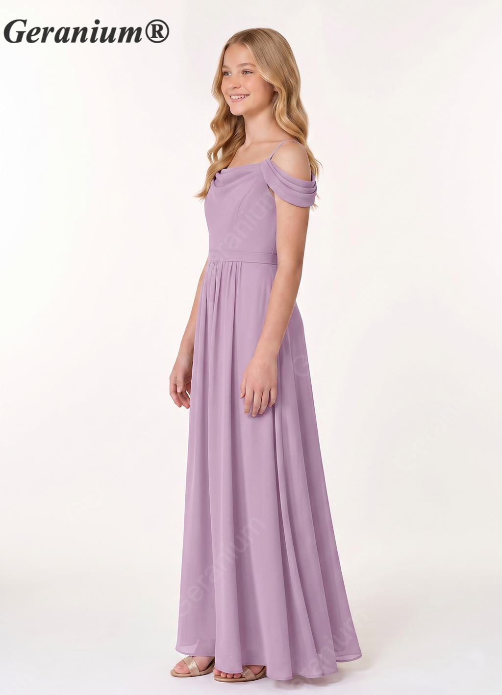 Geranium Junior Lavender Chiffon Off-Shoulder Bridesmaid Dress – A-Line Floor Length KD-58