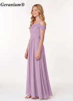 Geranium Junior Lavender Chiffon Off-Shoulder Bridesmaid Dress – A-Line Floor Length KD-58