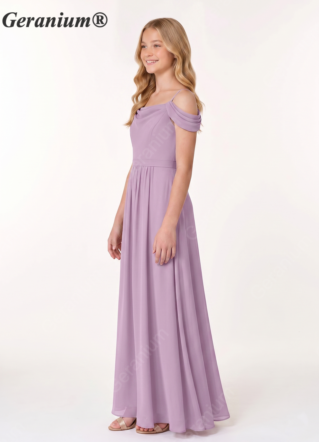 Geranium Junior Lavender Chiffon Off-Shoulder Bridesmaid Dress – A-Line Floor Length KD-58